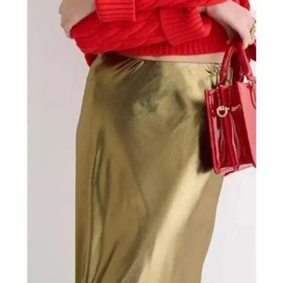 NWT J.Crew Gwyneth Slip Skirt – Gold Lamé Midi Bias Cut Satin Look Size XL - Picture 3 of 13